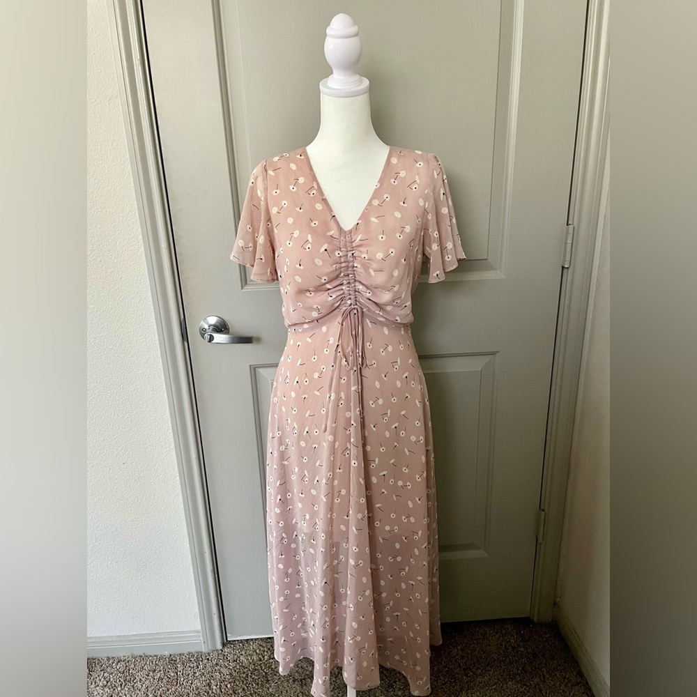 Pink Ruched Midi Sundress with Flutter Sleeves
